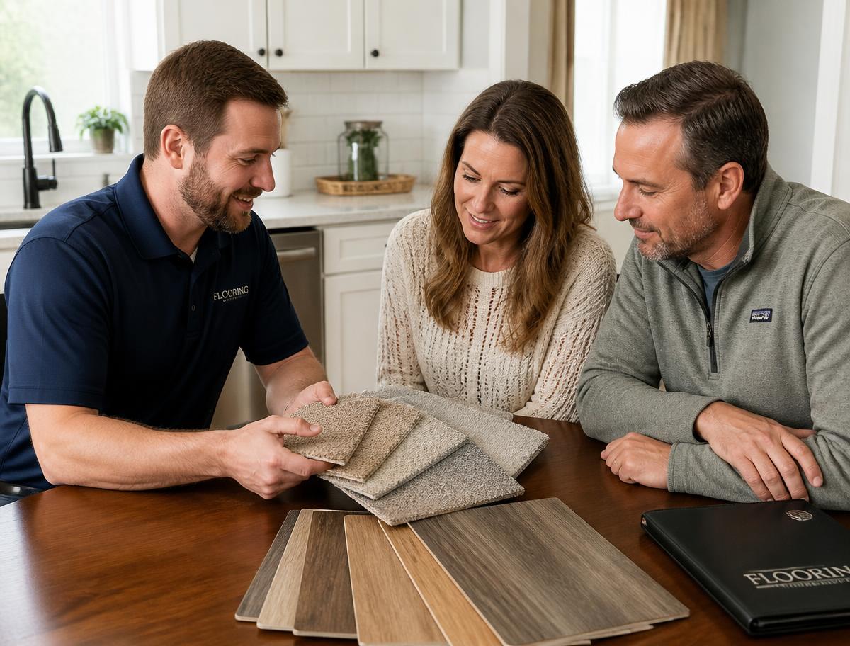 Flooring consultant showing carpet and vinyl plank samples to homeowners at their kitchen table